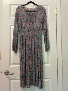 Flowy Floral Tie-Neck Midi Dress in Blue and Rose